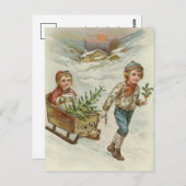 sledetocht | Vintage kerst Briefkaart (Voorkant / Achterkant)