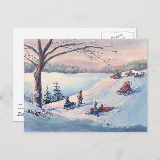 SLEDS, KINDEREN EN SNEEUW DOOR SHARON SHARPE BRIEFKAART (Voorkant / Achterkant)