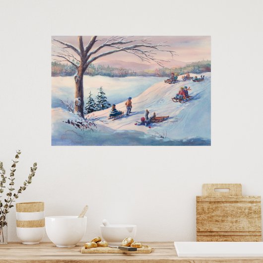 SLEDS, KINDEREN EN SNEEUW DOOR SHARON SHARPE POSTER (Keuken)