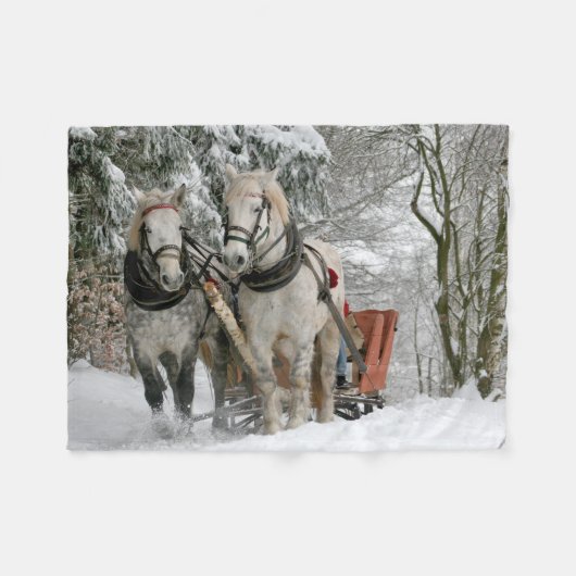 slee+ride,sneeuw,bos,paard,winter,wit,gallop, fleece deken (Voorkant (Horizontaal))
