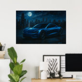 Sleek Electric Car Under Full Moon Poster (Thuiskantoor)