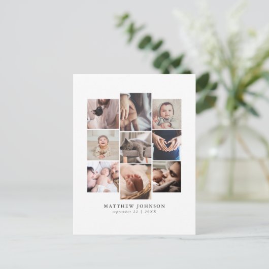 Sleek Multi Photo Minimal Baby Birth Annoucement Briefkaart (Staand voorkant)
