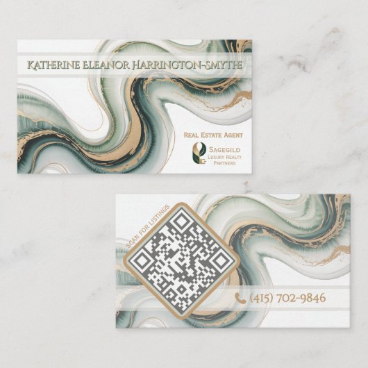 Sleek Sage Gold Marble Modern Realtor Logo QR Code Visitekaartje (Voorkant / Achterkant)