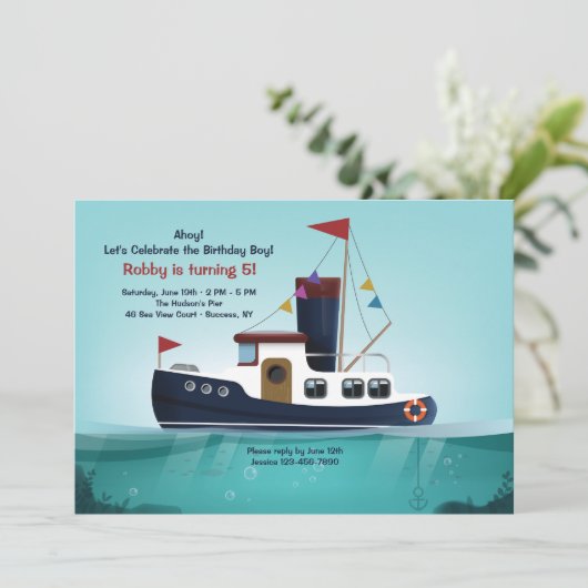 sleepbootuitnodiging kaart (Staand voorkant)