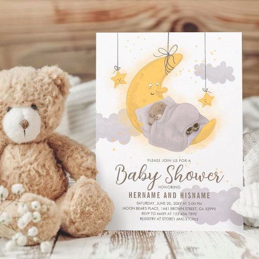 Sleepende Teddy Bear Moon Stars Neutraal Baby show Kaart