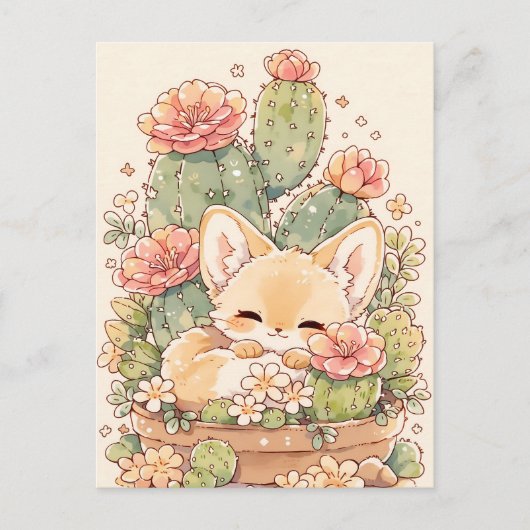 Sleeping Apricot Cactus Pot Fennec Fox Briefkaart (Voorkant)