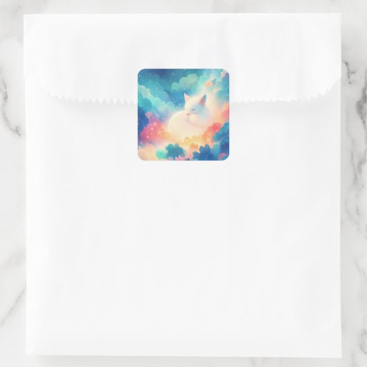 Sleeping Arctic Fox in Magical Pastel Cloud Vierkante Sticker (Tas)