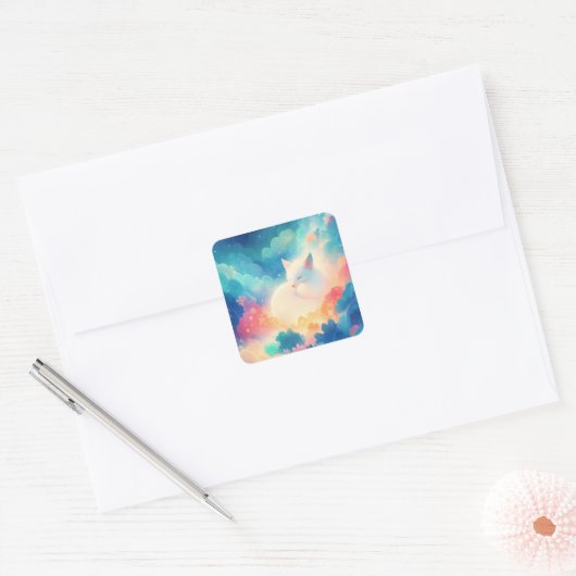 Sleeping Arctic Fox in Magical Pastel Cloud Vierkante Sticker (Envelop)