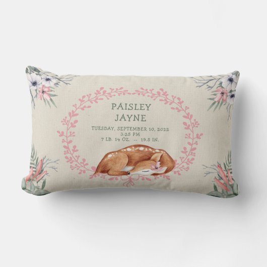 Sleeping Baby Girl Deer Birth Stats pillow Kussen (Voorkant)