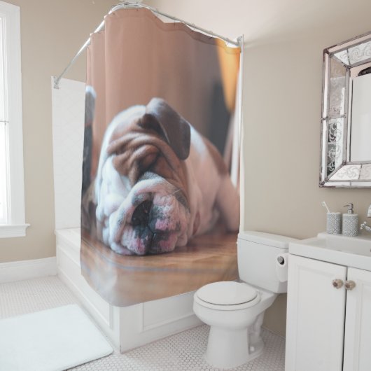 Sleeping Bulldog Bown and White Puppy Douchegordijn (In situ)