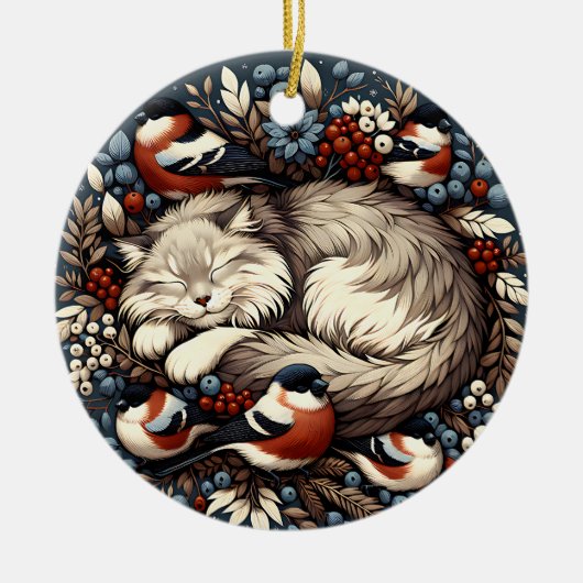 Sleeping Cat & Bullfinches Ornament (Voorkant)