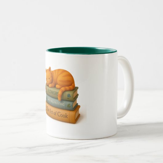 Sleeping Cat on Books. Tweekleurige Koffiemok (Voorkant rechts)