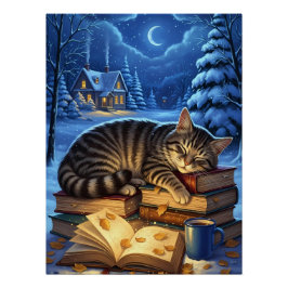 Sleeping Cat on Books Winter Night Perfect Poster