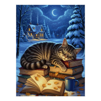 Sleeping Cat on Books Winter Night Perfect Poster