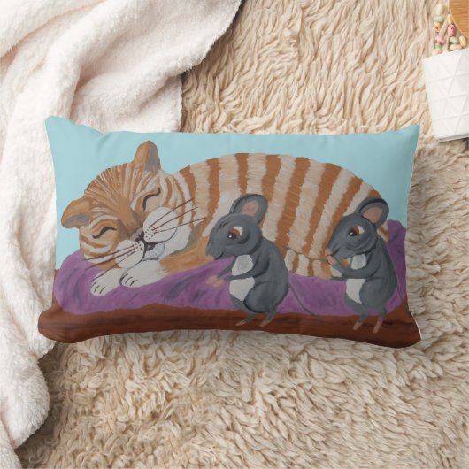 Sleeping Cat with Sneaky Mice Throw Pillow Kussen (Deken)