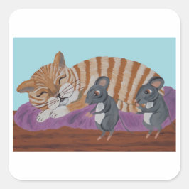 Sleeping Cat with Sneaky Mice Vierkante Sticker