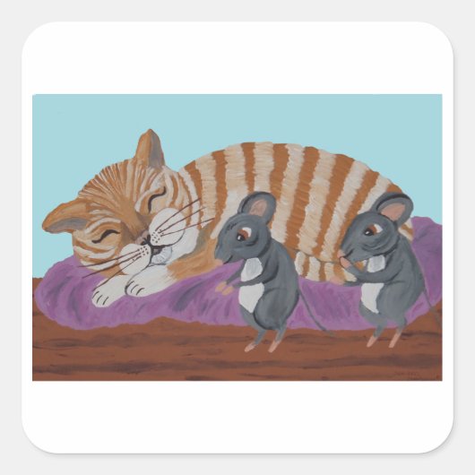 Sleeping Cat with Sneaky Mice  Vierkante Sticker (Voorkant)