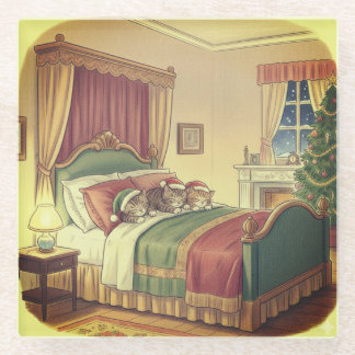 Sleeping Christmas Cats Glass Coaster Glazen Onderzetter