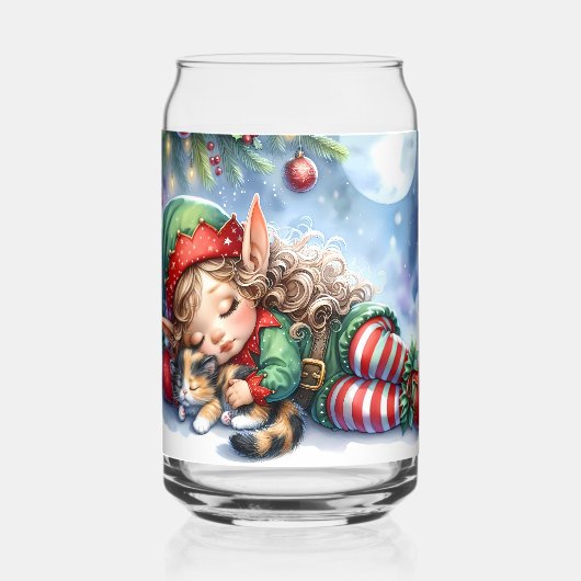 Sleeping Christmas Elf met Calico Kitten Blikvorm Glas (Voorkant)
