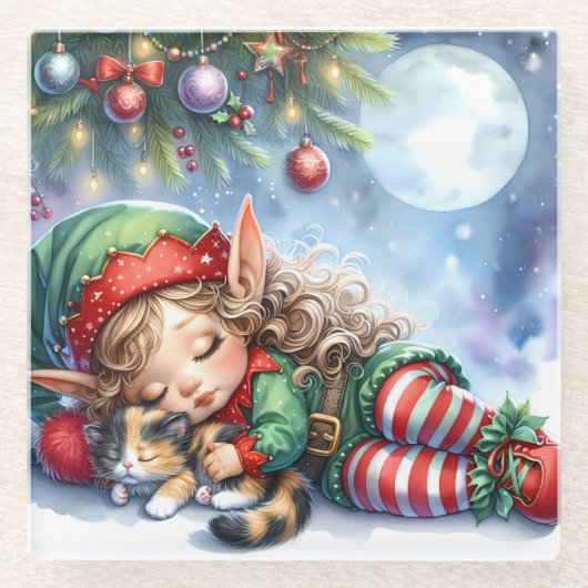 Sleeping Christmas Elf met Calico Kitten Glazen Onderzetter (Voorkant)
