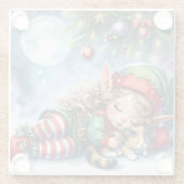 Sleeping Christmas Elf met Calico Kitten Glazen Onderzetter (Achterkant)