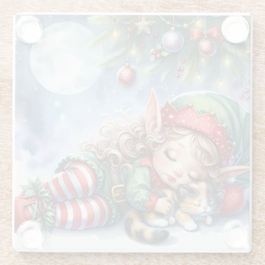 Sleeping Christmas Elf met Calico Kitten Glazen Onderzetter (Achterkant)