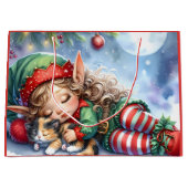 Sleeping Christmas Elf met Calico Kitten Groot Cadeauzakje (Voorkant)