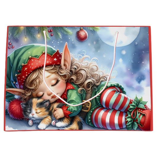 Sleeping Christmas Elf met Calico Kitten Groot Cadeauzakje (Voorkant)