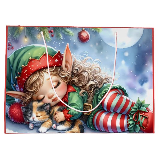 Sleeping Christmas Elf met Calico Kitten Groot Cadeauzakje (Achterkant)