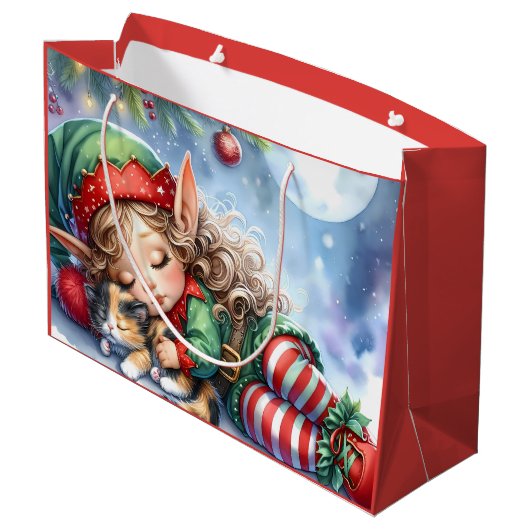 Sleeping Christmas Elf met Calico Kitten Groot Cadeauzakje (Achterkant Gekanteld)