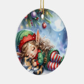 Sleeping Christmas Elf met Calico Kitten Keramisch Ornament (Rechts)