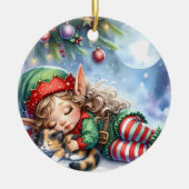 Sleeping Christmas Elf met Calico Kitten Keramisch Ornament (Voorkant)