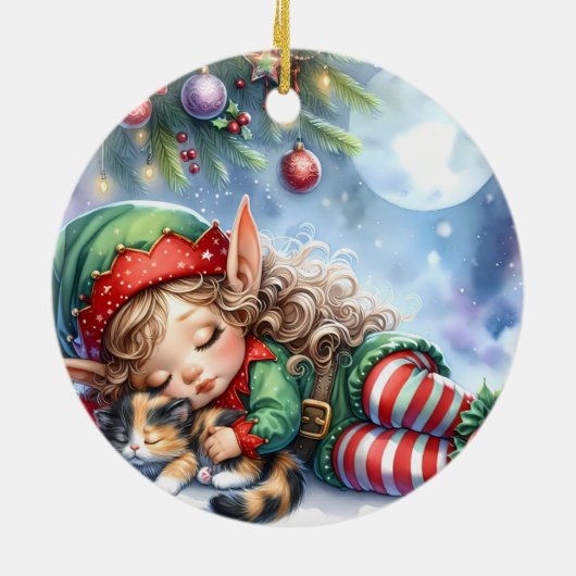 Sleeping Christmas Elf met Calico Kitten Keramisch Ornament (Achterkant)