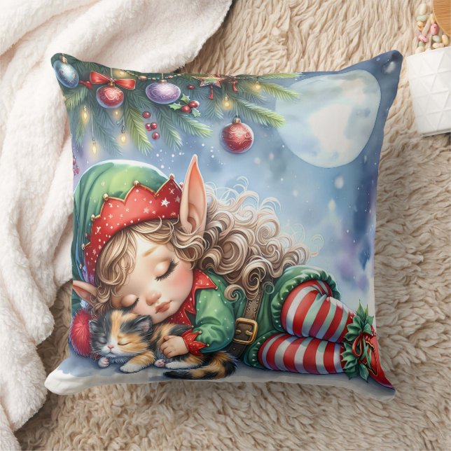 Sleeping Christmas Elf met Calico Kitten Kussen (Deken)