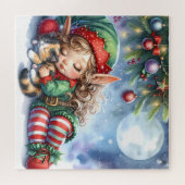 Sleeping Christmas Elf met Calico Kitten Legpuzzel (Horizontaal)