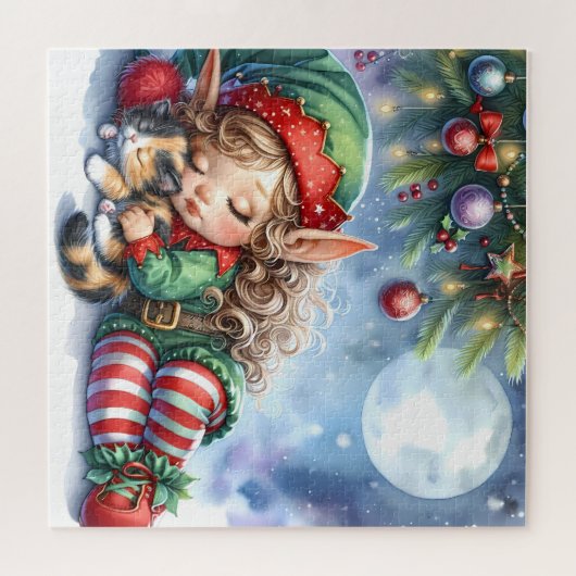 Sleeping Christmas Elf met Calico Kitten Legpuzzel (Horizontaal)