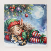 Sleeping Christmas Elf met Calico Kitten Legpuzzel (Verticaal)