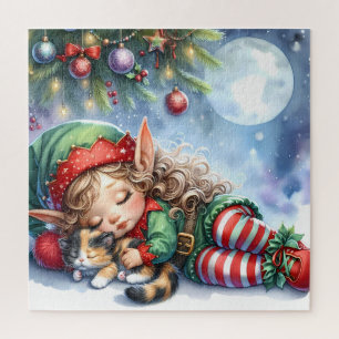 Sleeping Christmas Elf met Calico Kitten Legpuzzel