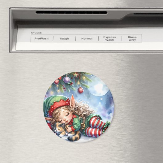 Sleeping Christmas Elf met Calico Kitten Magneet (Insitu (Vaatwasser))