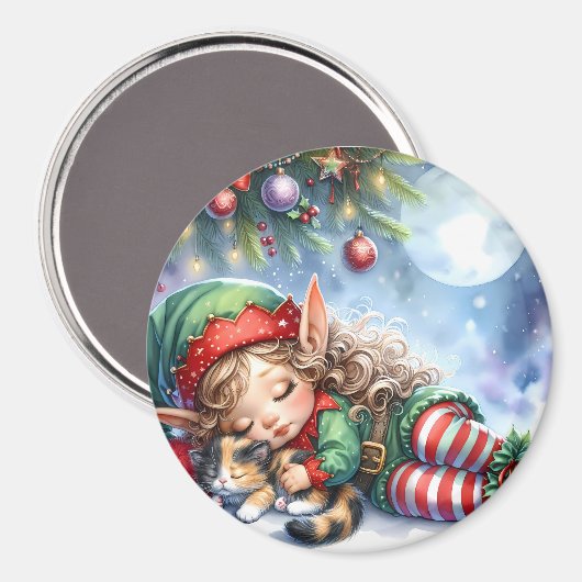 Sleeping Christmas Elf met Calico Kitten Magneet (Voorkant / Achterkant)