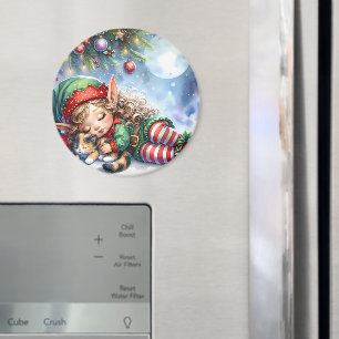 Sleeping Christmas Elf met Calico Kitten Magneet