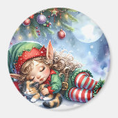 Sleeping Christmas Elf met Calico Kitten Magneet (Voorkant)