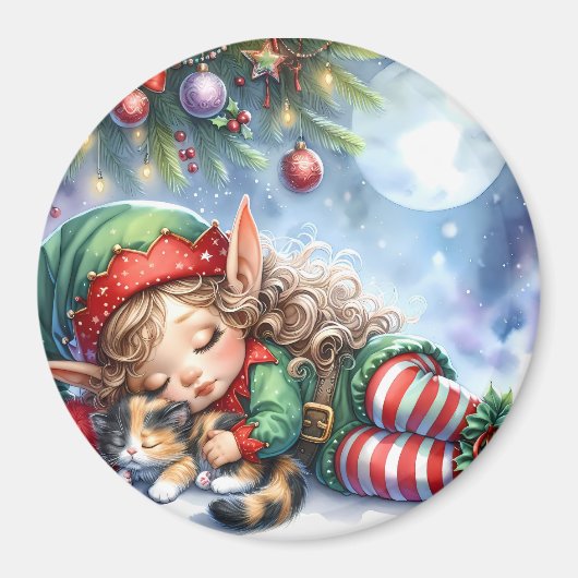 Sleeping Christmas Elf met Calico Kitten Magneet (Voorkant)