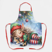Sleeping Christmas Elf met Calico Kitten Schort (Voorkant)