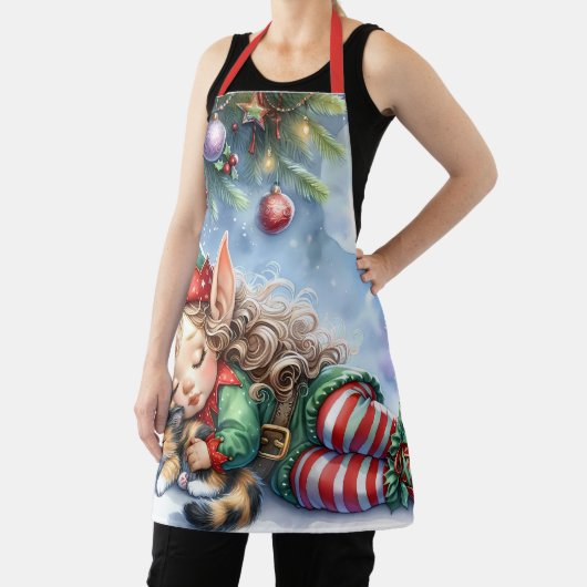 Sleeping Christmas Elf met Calico Kitten Schort (Insitu)