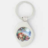 Sleeping Christmas Elf met Calico Kitten Sleutelhanger (Voorkant)