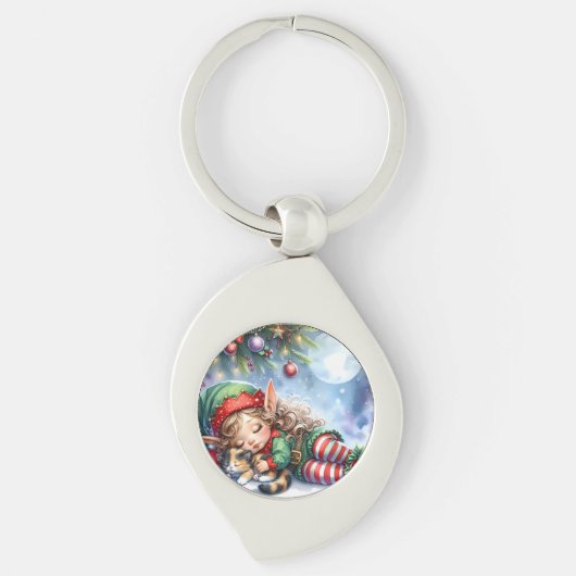 Sleeping Christmas Elf met Calico Kitten Sleutelhanger (Voorkant)