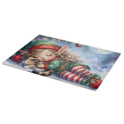 Sleeping Christmas Elf met Calico Kitten Snijplank (Hoek)
