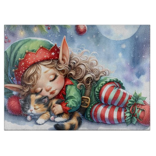 Sleeping Christmas Elf met Calico Kitten Snijplank (Voorkant)