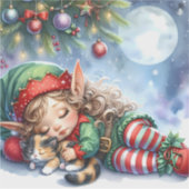 Sleeping Christmas Elf met Calico Kitten Sticker (Voorkant)